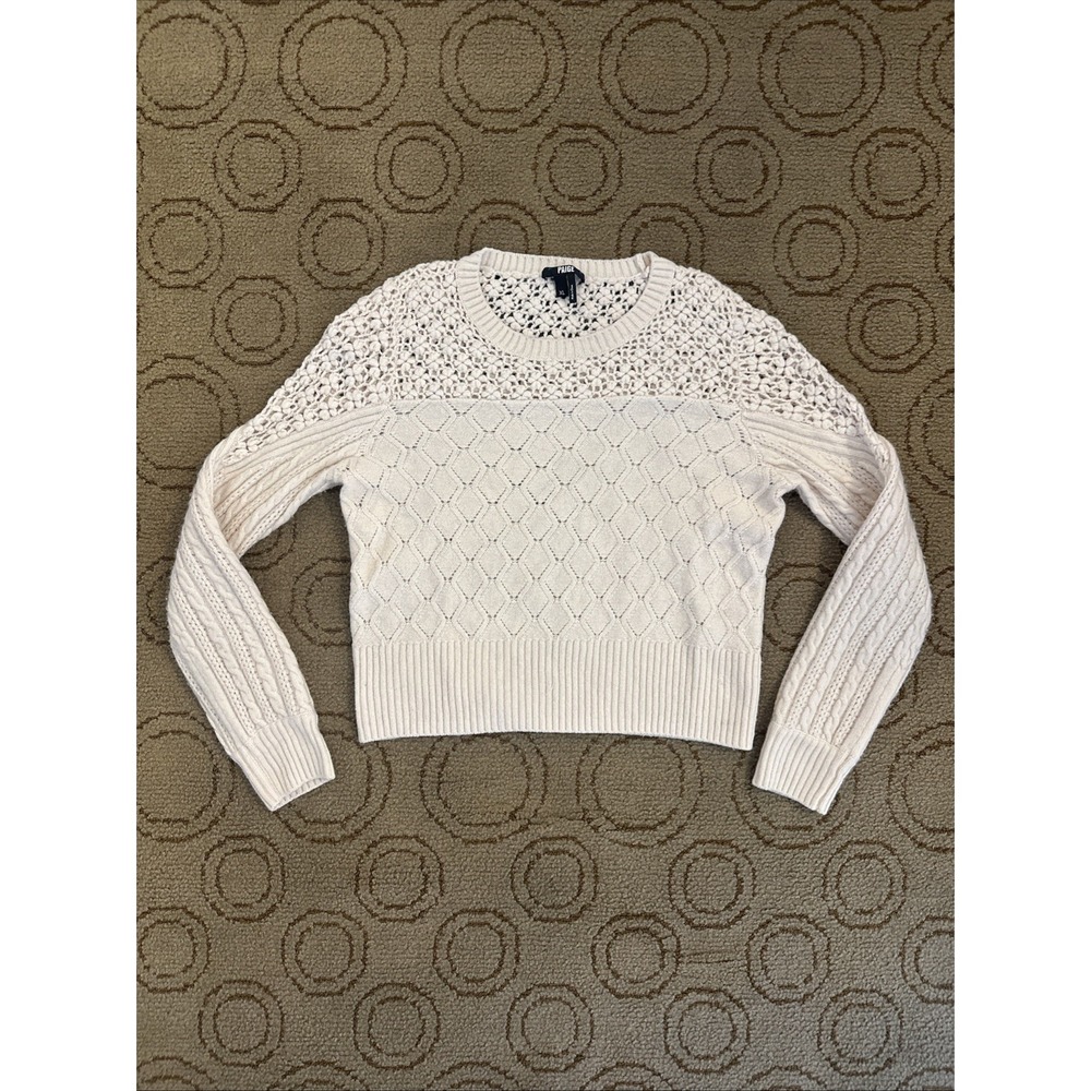 Paige Sweater Women Cream White Sz XL Cable Knit Crew Recylced Wool Blend Floral